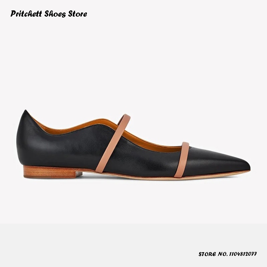 Men Shoes Men - Kadın Çift Bantlı Deri Bale Babetleri