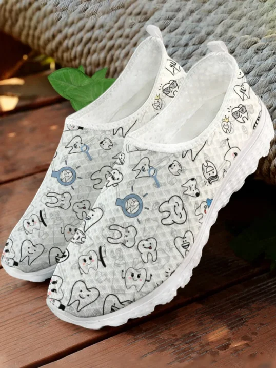 Men'S Shoes For Tennis - Beyaz Karikatür Diş Baskı Örgü Yüksek
