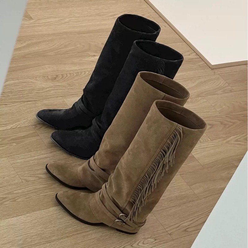 Chelsea Boots Suede - Kadın diz boyu çizmeler püskül tasarım